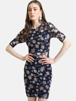 Kazo - Navy Blue Floral Printed Lace Mini Dress