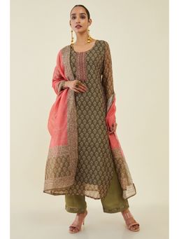 Soch - Women Olive Chanderi Embroidered Dress Material (Set of 3)