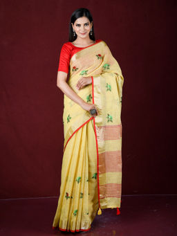 EXCLUSIVA - Yellow Thread Embroidery Work Linen Saree with Unstitched Blouse
