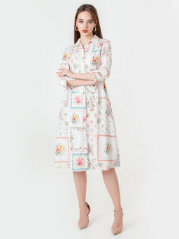 Zink London - Womens White Floral Midi Dress with Belt (Set of 2)