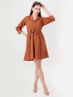 Zink London - Womens Brown Solid/Plain Mini Dress with Belt (Set of 2)