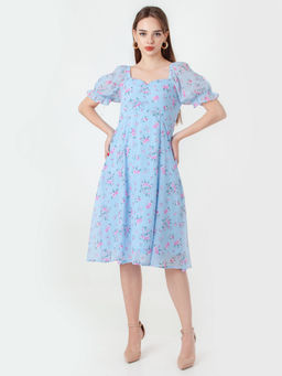 Zink London - Womens Blue Floral Midi Dress
