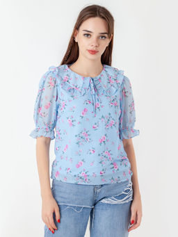 Zink London - Womens Blue Floral Top