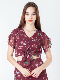 Zink London - Womens Wine Floral Crop Top