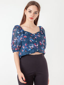 Zink London - Womens Navy Blue Floral Top