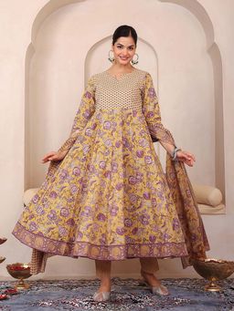 GULAB CHAND TRENDS - Yellow Floral Hand Printed Anarkali Kurta & Pant With Dupatta (Set of 3)