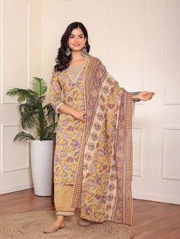 GULAB CHAND TRENDS - Yellow Floral Printed Kurta & Salwar With Dupatta (Set of 3)