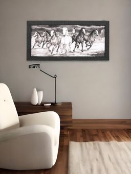 At Home by Nilkamal - Seven Running Horses Painting (Black & White)