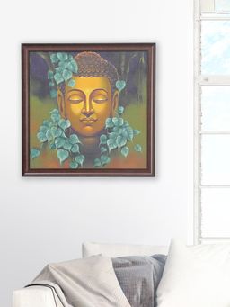 At Home by Nilkamal - Buddha Mukh with Leaf Wall Painting |Set of 1|Size - 45 cm x 45 cm|Emrald