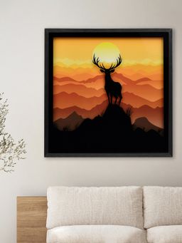 At Home by Nilkamal - Deer on Mountains Glass Painting|Set of 1|Size - 63 cm x 63 cm|Mustard