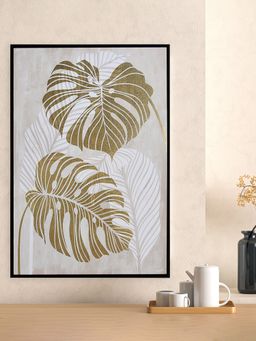 At Home by Nilkamal - Monstera Leaf Canvas Wall Painting (White & Gold)
