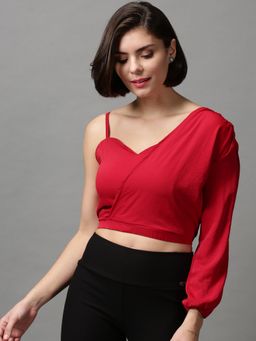 SHOWOFFFF - Women's Regular Sleeves Solid Red Cinched Waist Top