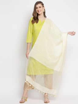 Dupatta Bazaar - Womens Linen Cream Dupatta with Organza Border and Tassels