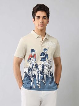 U.S. Polo Assn. Denim Co. - Men Beige Cotton Half Sleeves Polo T-Shirt
