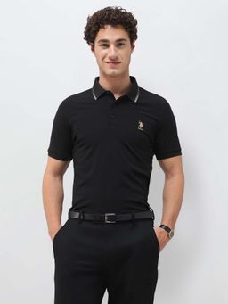 U.S. POLO ASSN. - Men Black Knitted Half Sleeves Polo T-Shirt