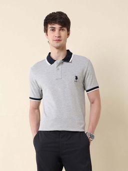 U.S. POLO ASSN. - Men Grey Cotton Half Sleeves Polo T-Shirt