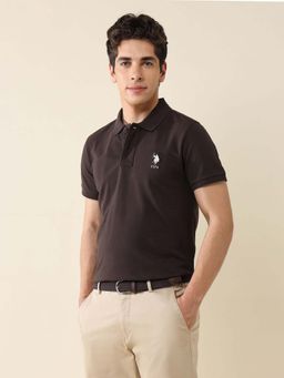 U.S. POLO ASSN. - Men Brown Cotton Half Sleeves Polo T-Shirt