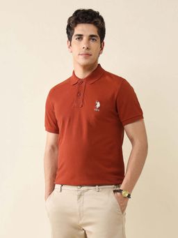 U.S. POLO ASSN. - Men Orange Cotton Half Sleeves Polo T-Shirt