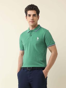 U.S. POLO ASSN. - Men Green Cotton Half Sleeves Polo T-Shirt