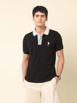 U.S. POLO ASSN. - Men Black Cotton Half Sleeves Polo T-Shirt