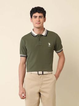 U.S. POLO ASSN. - Men Green Cotton Half Sleeves Polo T-Shirt
