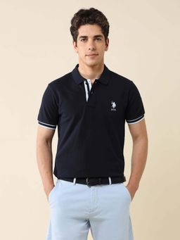 U.S. POLO ASSN. - Men Blue Cotton Half Sleeves Polo T-Shirt