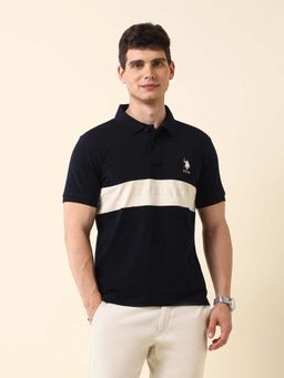 U.S. POLO ASSN. - Men Blue Cotton Half Sleeves Polo T-Shirt