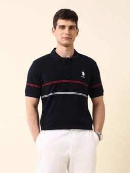 U.S. POLO ASSN. - Men Blue Cotton Half Sleeves Polo T-Shirt