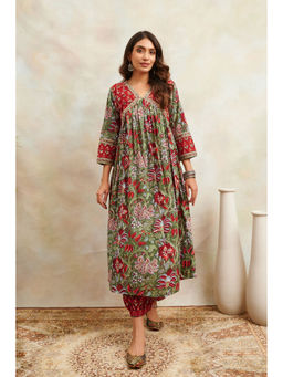TAHILIYA - Red and Green Hand Floral Block Printed Sanganeri A Line Kurta