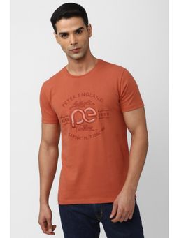 Peter England - Men Orange Graphic Print Round Neck Graphic T-Shirt