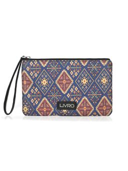 LIVRO - Women Blue and Beige Leather Printed Pouch