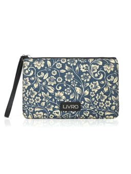LIVRO - Blue and Beige Vegan Leather Jute Printed Pouch
