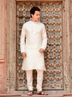 House of Deyann - Mens Off White Dupion Silk Embroidered Kurta with Churidar (Set of 2)