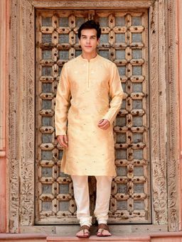 House of Deyann - Mens Cream Dupion Silk Embroidered Kurta with Churidar (Set of 2)