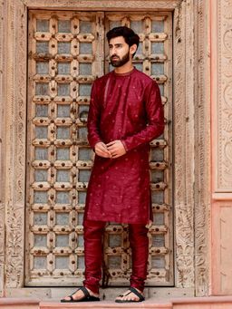 House of Deyann - Mens Maroon Dupion Silk Embroidered Kurta with Churidar (Set of 2)
