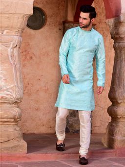 House of Deyann - Mens Green Dupion Silk Embroidered Kurta with Churidar (Set of 2)