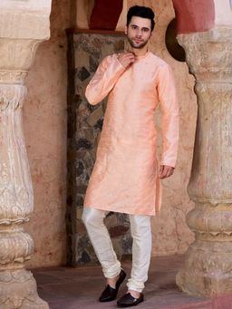House of Deyann - Mens Peach Dupion Silk Embroidered Kurta with Churidar (Set of 2)