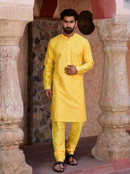 House of Deyann - Mens Yellow Dupion Silk Embroidered Kurta with Churidar (Set of 2)