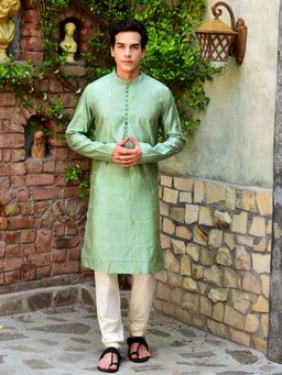 House of Deyann - Mens Green Cotton Woven Design Kurta with Churidar (Set of 2)