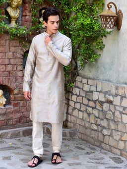 House of Deyann - Mens Grey Cotton Woven Design Kurta with Churidar (Set of 2)