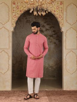 House of Deyann - Mens Coral Pink Cotton Woven Design Kurta with Pyjama (Set of 2)