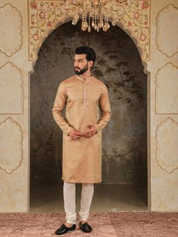 House of Deyann - Mens Coral Pink Silk Woven Design Kurta with Churidar (Set of 2)