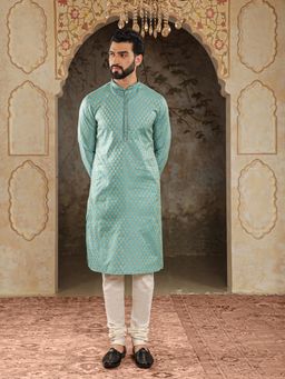 House of Deyann - Mens Sky Blue Silk Woven Design Kurta with Churidar (Set of 2)