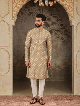 House of Deyann - Mens Green Silk Woven Design Kurta with Pyjama (Set of 2)