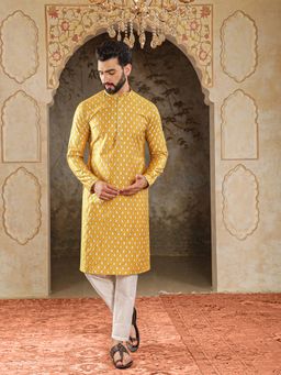 House of Deyann - Mens Yellow Silk Woven Design Kurta with Pyjama (Set of 2)