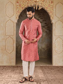House of Deyann - Mens Pink Silk Woven Design Kurta with Pyjama (Set of 2)