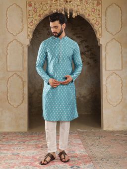 House of Deyann - Mens Sky Blue Silk Woven Design Kurta with Pyjama (Set of 2)