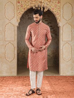 House of Deyann - Mens Copper Silk Woven Design Kurta with Pyjama (Set of 2)