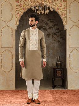 House of Deyann - Mens Green Cotton Plain Embroidery Kurta with Churidar (Set of 2)