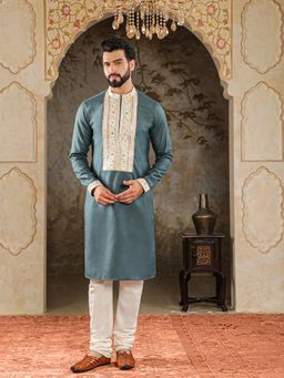House of Deyann - Mens Blue Cotton Plain Embroidery Kurta with Churidar (Set of 2)
